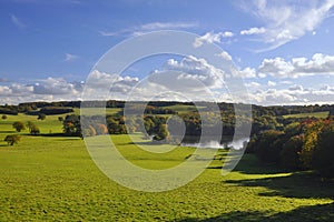 English countryside: green fields, trees and lake