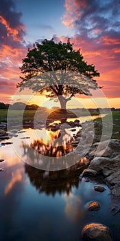 English Countryside: A Tree In A River With Richly Colored Skies