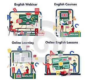 English course online service or platform set. Study foreign languages