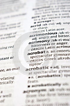 English Definition Dictionary Of Printed Word - Acrobat Close Up