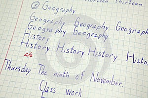 English education, vocabulary notebook with inscription History, Geography words