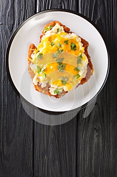 English fast food Parmo with chicken fillet breaded with bechamel sauce and cheddar cheese close-up in a plate. vertical top view