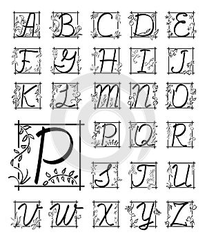 English floral alphabet - vector black letters