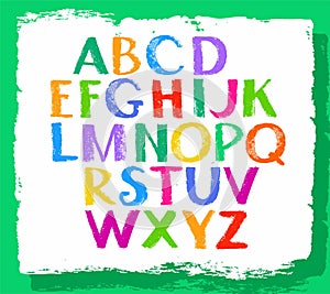 English font, colored crayons, capital letters.