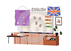 English foreign language class. Empty grammar classroom of elementary school. Study room interior with British flag