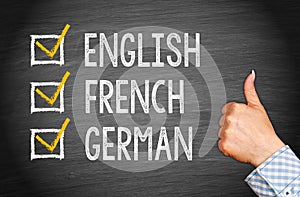 English, French and German