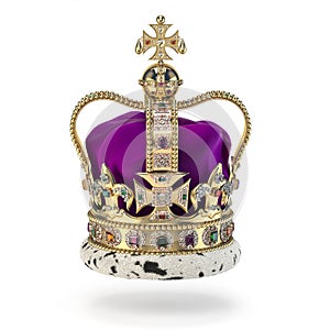 English golden crown with jewels isolated on white. Royal symbol of UK monarchy