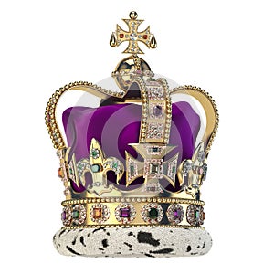 English golden crown with jewels isolated on white. Royal symbol of UK monarchy photo