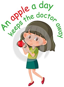 English idiom with picture description for an apple a day keeps the doctor away on white background