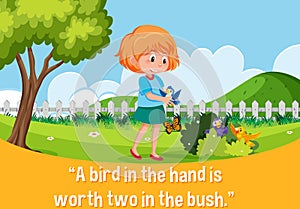 English idiom with picture description for a bird in the hand is worth two in the bush