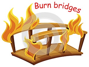 English idiom with picture description for burn bridges on white background