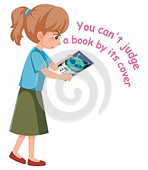 English idiom with picture description for cant judge a book by its cover on white background