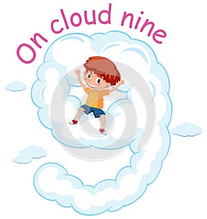 English idiom with picture description for on cloud nine on white background