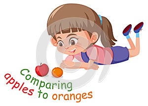 English idiom with picture description for comparing apples to oranges on white background