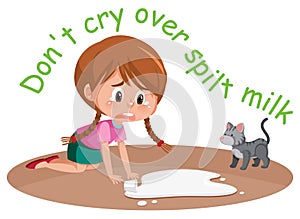 English idiom with picture description for dont cry over spilt milk on white background