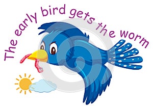 English idiom with picture description for early bird gets the worm on white background