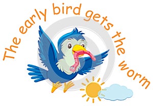 English idiom with picture description for early bird gets the worm on white background