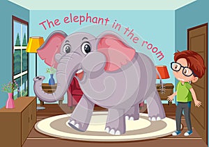 English idiom with picture description for elephant in the room on white background