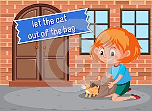 English idiom with picture description for let the cat out of the bag