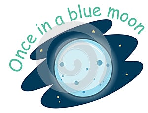 English idiom with picture description for once in a blue moon on white background