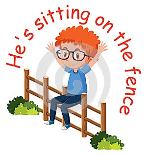 English idiom with picture description for sitting on the fence on white background