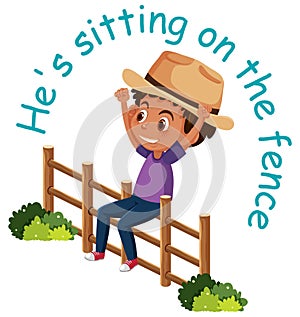 English idiom with picture description for sitting on the fence on white background