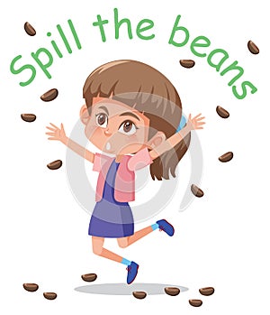 English idiom with picture description for spill the beans on white background