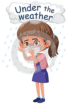 English idiom with picture description for under the weather on white background