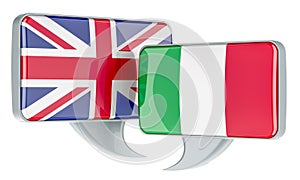 English-Italian conversation concept. Speech balloons with British and Italian flags. 3D rendering