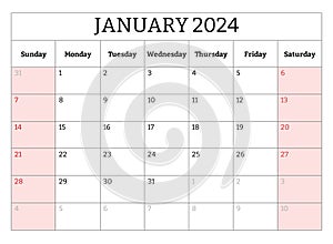 ENGLISH January 2024 calendar. Vector editable illustration