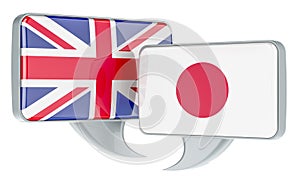 English-Japanese conversation concept. Speech balloons with British and Japanese flags. 3D rendering