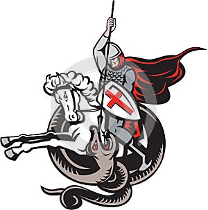 English Knight Fighting Dragon England Flag Shield Retro