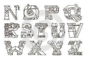 English language alphabet, letters in houses shape.Hand drawn font with retro style.Black and white line drawing.