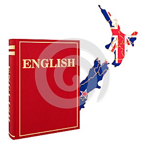 English language book with map of New Zealand, 3D rendering