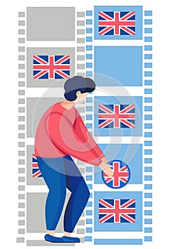 English language courses. Illustration with a man standing holding Flag of the Great Britain