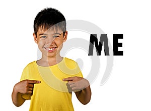 English language learning card child pointing with fingers to himself and the word ME isolated on white background as part of