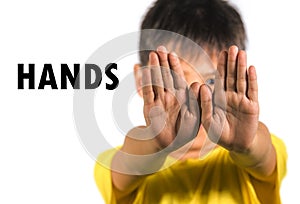 English language learning card child showing his hands isolated on white background as part of school cards set of body and face