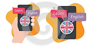 English language learning course on cell phone icon vector flat graphic illustration set, study education school on cellphone