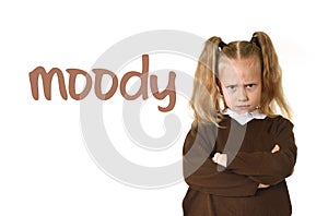 English language learning vocabulary school card with word moody and sweet young schoolgirl