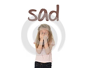 English language learning vocabulary school card with word sad and sweet young little schoolgirl