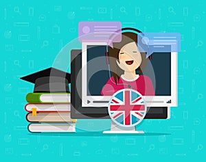 English language video online distance learning on desktop computer or education concept on pc with teacher speaking