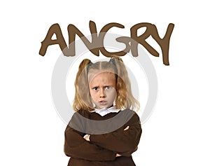 English learning vocabulary card with the word angry and portrait of sweet beautiful little child girl upset
