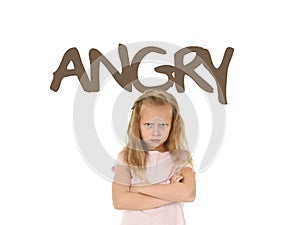 English learning vocabulary card with the word angry and sweet beautiful little child girl upset