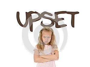 English learning vocabulary card with the word upset and sweet beautiful little child girl angry