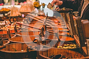 English Market, a municipal food market in the center of Cork, famous tourist attraction of the city: rustic olives stand