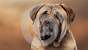 English Mastiff dog portrait closeup on brown background