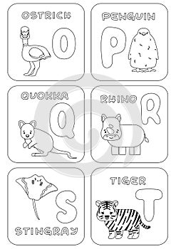English O-T alphabet family kids game. Coloring pages with animals and letters that can be used for learning, education