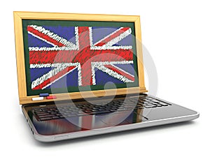 English online. E-learning. Laptop and blackboard with UK flag
