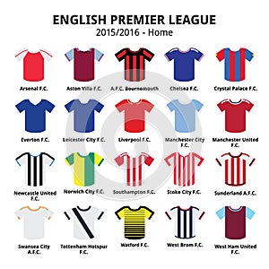 English Premier League 2015 - 2016 football or soccer jerseys icons set