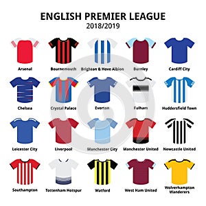English Premier League kits 2018 - 2019, football or soccer jerseys icons set from England 18/19 kits